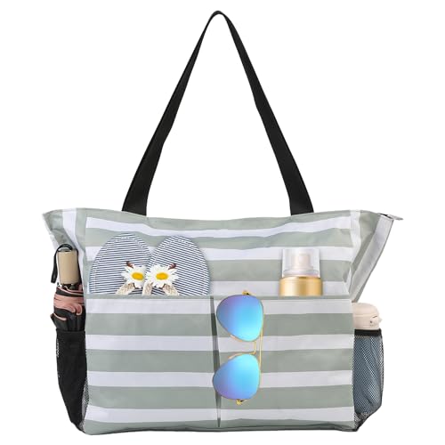 TAHAVICE Strandtasche Damen mit Reißverschluss, Große Strandtasche xxl Familie, Badetasche Damen Wasserdicht, 8 Tasche Beach Tote Bag für Reisen Pool