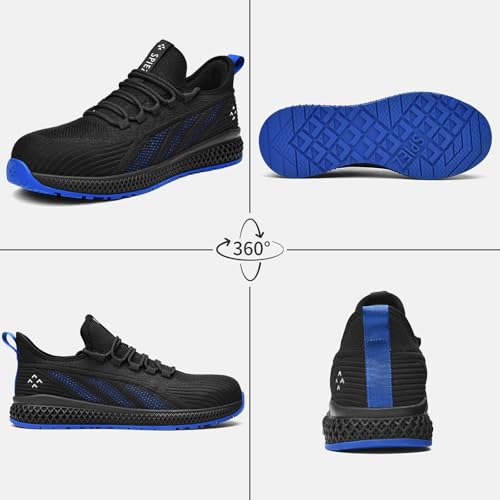 SPIEZ Safety Shoes for Men Women,Lightweight Work Sneakers with Breathable Mesh, Composite Toe, Non-Slip Sole, Easy Pull-On Design.Ideal for Construction, Warehouse & Daily Use, Black/Blue3