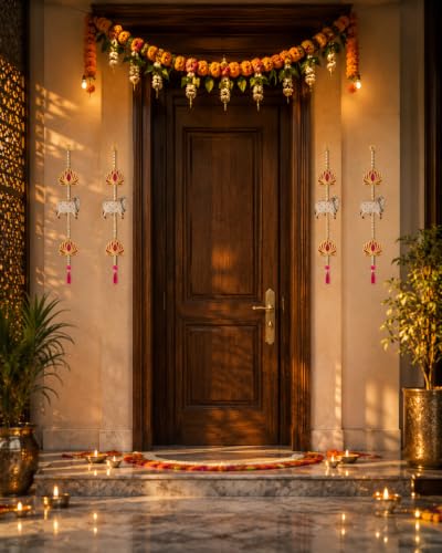 Image of JH Gallery Pichwai Cow Lotus - Ganesh Chaturthi Decoration Items for Home, Handmade Ganpati Makhar & Mandap Backdrop, Temple & Wall Hanging Decor (26 Inch, Pack of 4)