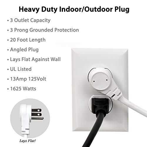 Electes 20 Feet Heavy Duty Extension Cord / Wire , Multi 3 Outlet , 3 Prong Grounded , Angled Flat Plug , 16/3 , Spt3 , Ul Listed , White #TOP2