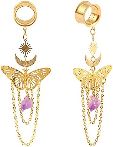 DOEARKO 2PCS New Butterfly-Pendant Hypoallergenic Stainless Steel Dangle Ear Plugs Tunnels Ear Gauges Stretcher Pair Selling 2g 0g Piercing Body Jewelry (19mm(3/4"), Gold)
