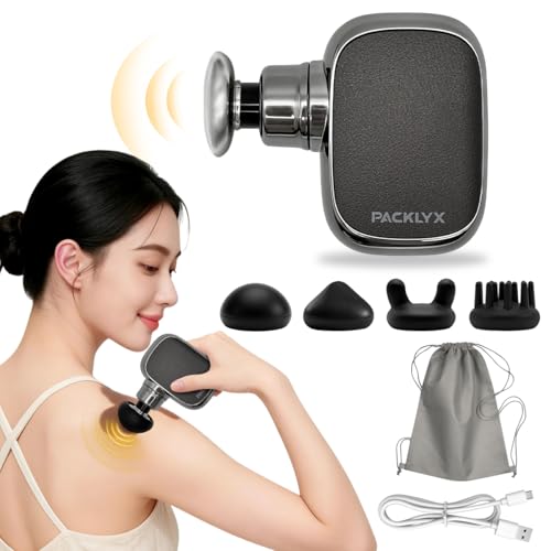 Packlyx マッサージガン ミニ 筋膜リリースガン 強力振動 10mm振幅 きんまくリリース 電動ガン ブラシレスモーター 静音 4種類ヘッド付き 小型 最軽量200g コンパクト 携帯便利 Type-C急速充電 収納袋&日本語説明書付き ギフト最適 (ブラック)の商品画像（Amazon）