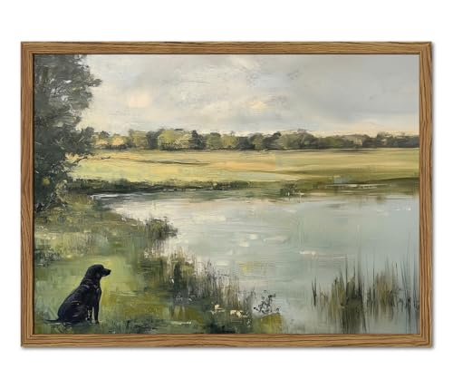 Framed Vintage Hunting Black Dog Wall Art, Rustic Country Nature