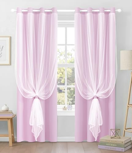 Image of 100% Blackout Curtains with Sheer Overlay, Purple, 52 x 96 inch, 2 Panels | For Bedroom Living Room Window, Room Darkening, Thermal Insulated, Grommet Top, Summer Heat Blocking, Double Layer Design
