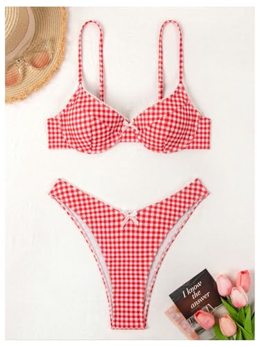 Women's Gingham High Cut Bikini Set 2 Piece Bowknot Spaghetti Strap Plaid Swimsuits Summer Beachwear4