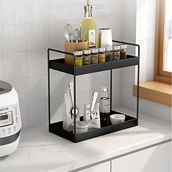 2-Tier Standing Rack, KINGBERWI Bathroom Countertop Storage Shelf Cosmetic Organizer Holder Kitchen Spice Rack, Black