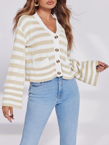 Image of Saodimallsu Womens Striped Cardigan Sweaters Cropped Fall Button Open Front Long Sleeve Knit Sweater Coat with Pockets