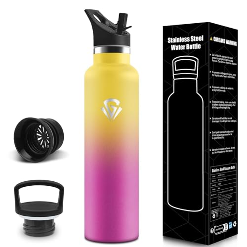 Gourde, 1000 ml Sans BPA, Gourde Isotherme, Gourdes Avec Paille et 2 Couvercles, Bouteille d'eau, 304 Acier Inoxydable, Bouteille Isotherme pour Camping, Salle de Sport, Bureau - Jaune&rose