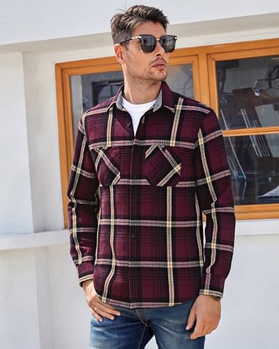 Image of WARHORSEE Flannel Shirt for Men Long Sleeve Button Down Plaid Shirts | Soft Cotton Blend for Multi-season Wear, Lightweight yet Warm, Dual buttoned storage pockets, Machine Washable Easy Care