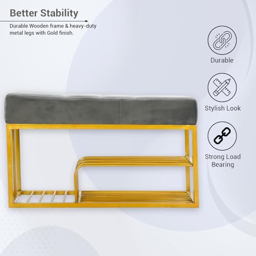 Image of Luxury Velvet Storage Bench with Shoe Rack | Upholstered Entryway Ottoman Seat | Soft Cushioned Sitting | Gold Metal Frame Furniture | End of Bed Seating for Bedroom, Living Room & Hallway|Fossil Grey