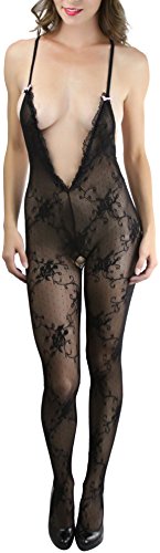 Image of ToBeInStyle Women's Bodystocking Crotchless Peek-A-Boo Fishnet Lace Bodysuit