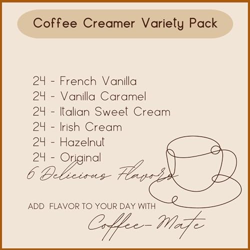 Flavored Coffee Creamer Liquid Singles Variety Pack, 144 Count, Bulk, Non-Dairy, No Refrigeration Needed, 6 Delicious Flavors: French Vanilla, Hazelnut, Irish Cream Vanilla Caramel, Original, Italian Sweet Cream, Leak Resistant Packaging,