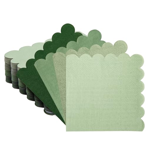 100 Pcs Green Cocktail Napkins Folded 5 x 5 Scalloped Napkins Gradient Color Beverage Napkins Disposable Dessert Napkins for Birthday Party Supplies Wedding