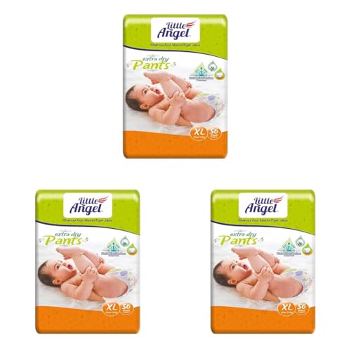 Image of Little Angel Extra Dry Baby Pants Diaper, Extra Large (XL) Size, 56 Count, Super Absorbent Core Up to 12 Hrs. Protection, Soft Elastic Waist Grip & Wetness Indicator, Pack of 3, Over 12kg