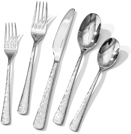 KINGSTONE Hammered Silverware Set, Flatware Set, 18/10 Stainless ...