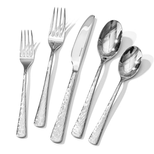 KINGSTONE Hammered Silverware Set, 30-Piece Flatware Set, 18/10 Stainless Steel Premium Cutlery with Unique Ripple Handles Design Mirror Polished - Dishwasher Safe 30-Piece Silver
