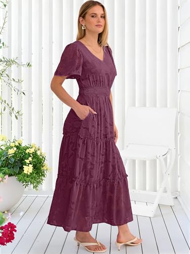Caracilia Womens 2026 Spring Wedding Guest Maxi Dress Summer Boho Floral Short Sleeve V Neck Beach Vacation Tea Party Dresses Wine Red Small — view 6