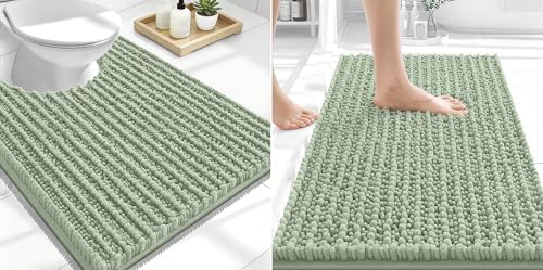 OLANLY Chenille Bath Rugs and Toilet Rugs U-Shaped, Thick Soft and Absorbent, Bath Rug Size 24x16 and Toilet Rugs Size 24x20 in Sage Green, 2 Item Bundle image 5