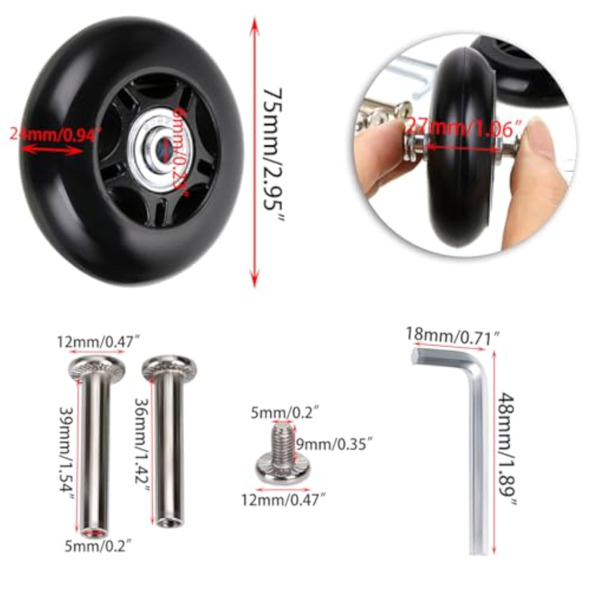 75mm x 24mm Single Luggage Suitcase Replacement Wheels Kit