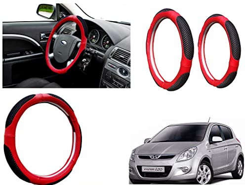 Image of Microfiber Car Steering Wheel Cover, Soft Padding Great Hand Feel, Anti-Slip, Faux Leather Steering Cover for Hyundai I20 Type1 | Black Red Jali - Pack of 1