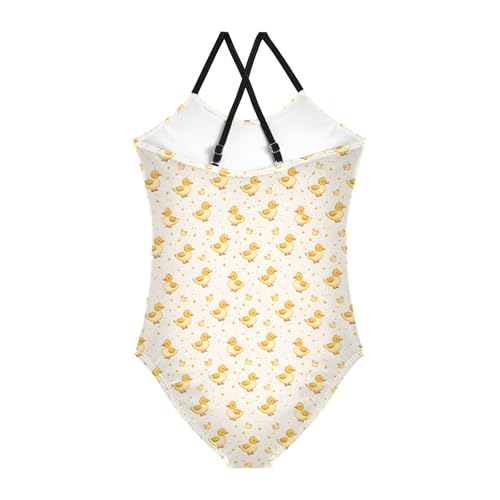 senya Girls Swimsuits One-Piece Swimwear Tie Bathing Suit Beach Summer Round Neck 5-6T Yellow Duck Star Pattern2