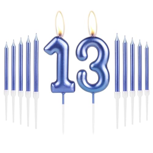 Metallic Royal Blue 13th Birthday Number Candles Set,Pearlescent Thin Pencil Cake Candles for 13 Year Old Birthday Party Decorations