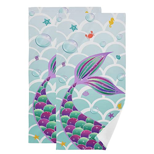 Kenadvi Vintage Mermaid Hand Towels For Bathroom,Turquoise Purple Mermaid Tail Towels 16"X28" Ultra Soft Absorbent Blue Mermaid Scales Bathroom Hand Towel For Face,Gym,Tea,Kitchen Dish Towel Set Of 2 #TOP12