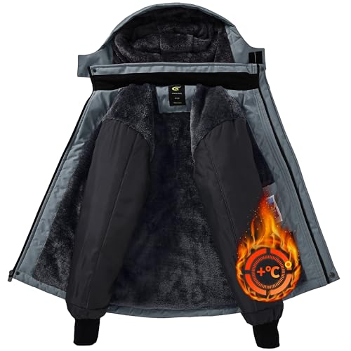 Satankud Boys Waterproof Ski Snow Jacket Winter Fleece Lined Warm Coat Hooded Windproof Kids Outerwear (Grey, 14-16 Y)