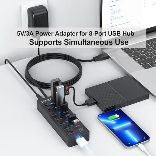 Image of Powered USB Hub 3.0, 5Gbps Data Transfer 7 Ports and 12W Charging-only 1 Port with 5V /3A Power Adapter 4Ft Long Cable & Individual Switches for Laptop PC Flash Drive External SSD HDD Keyboard Mouse
