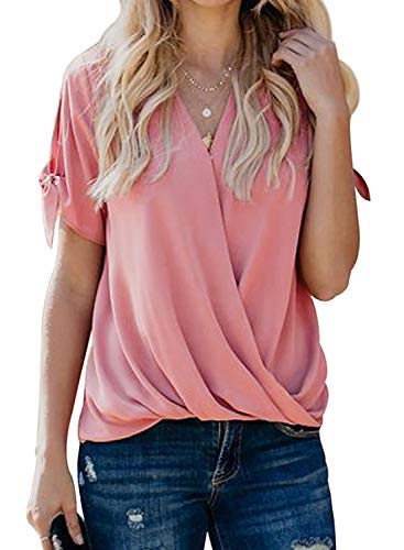 HOTAPEI Womens Blouses and Tops for Work Fashion 2022 Casual Summer Tie Short Sleeve Wrap V Neck Chiffon Blouses for Women Loose Fit Tops Shirts Pink S