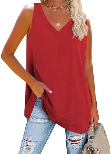 Fisoew Damen Tank Top V-Ausschnitt Longtops Sommer Tops | Ärmellos, Locker, Einfarbig, Lässig Basic Bluse, Elegant Cami Oberteile, Sleeveless Tunika Blusentop