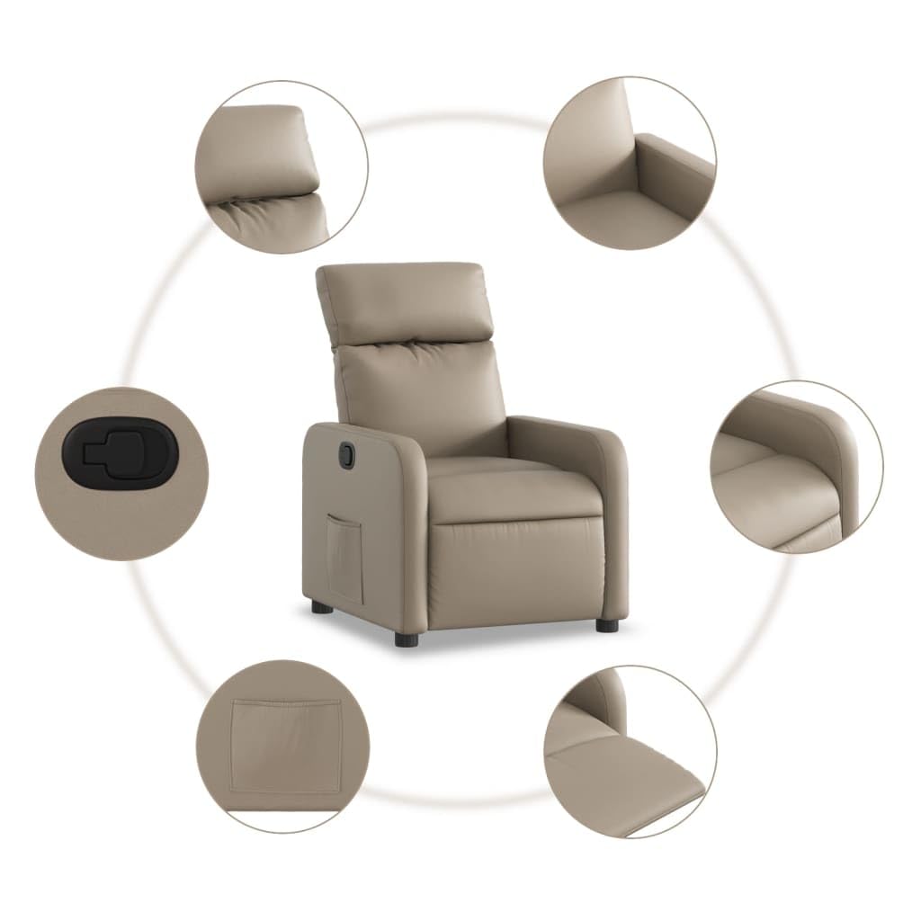 Fotel relaksacyjny Cappuccino, sztuczna skóra, ręczna funkcja leżenia, wygodny fotel TV do salonu, sypialni, fotel do czytania, nośność 110 kg, łatwy w pielęgnacji