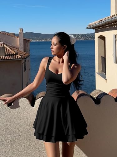 Kaximil Women's Sexy Square Neck Sleeveless Mini Dress Ruched Ruffle Hem Corset Party Dresses3