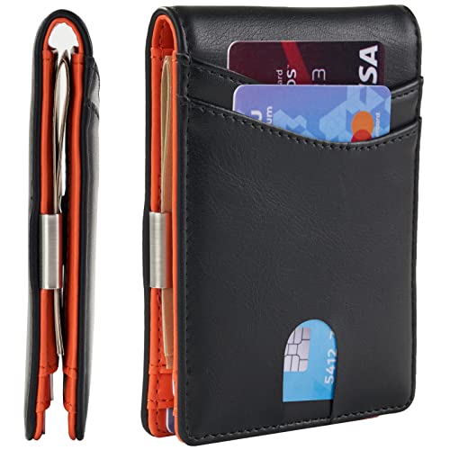 Mutural Minimalist Slim Wallet for Men, Premium Leather Wallet with Money Clip, RFID Blocking Front Pocket Stylish Bifold Wallet (Class Black & Orange)