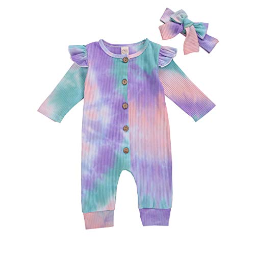 ASashitenel Newborn Baby Boy Girl Tie dye Romper Long Sleeve Button Jumpsuit One Piece Overall Pajamas+Headband Fall Winter Outfits (B-Tie dye Romper, 6-12 Months)