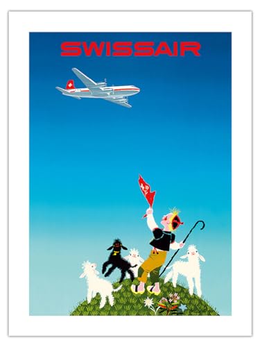 Image of Swissair - Switzerland - Shepherd with Lambs - Vintage Airline Travel Poster by Donald Brun c.1954 - Bamboo Fine Art 290gsm Paper (Unframed) 12x16in