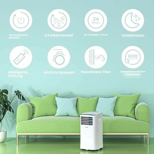 Comfee Mobiles Klimagerät MPPH-09CRN7, 3-in-1 Klimaanlage mit Abluftschlauch, Kühlen&Entfeuchten&Ventilieren, 9000 BTU, 2.6kW, für Räume ca. 80m³(31㎡), EEK A