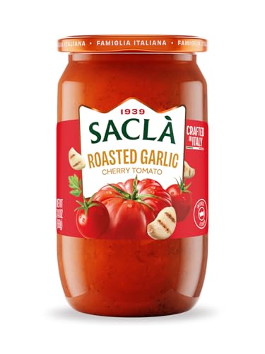 SACLA Cherry Tomato & Roasted Garlic Pasta Sauce with No Added Sugar | Natural Non-GMO Tomatoes with Slow Roasted Garlic | 24 oz Glass Jar | Imported from Italy | Authentic Italian Sauce