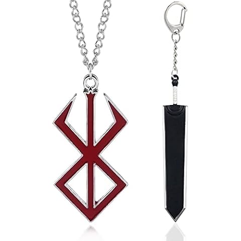 FunBoat Berserker Guts Sword Necklace Keychain - Sacrifice Rune Pendant Chain - Anime Behelit Cosplay Prop Jewelry Gift for Women Men Girls and Boys, Metal Cover
