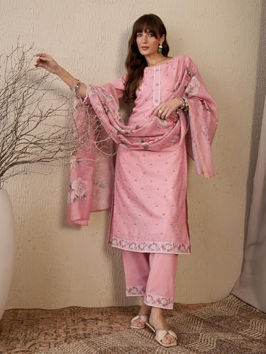 Image of INDO ERA Women's Linen Embroidered Straight Kurta and Pant with Dupatta Set (KH9PK9800)