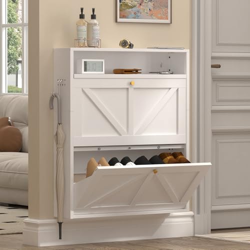 STEELIST Hidden Shoe Rack, 2 Flip-Down Floating Shoe Storage Cabinet for Entryway, Behind Door Wall Mount Shoe Cabinet with Open Top Shelf & Prgboard, Space-Saving Slim Shoe Storage, Anti-Tip, White