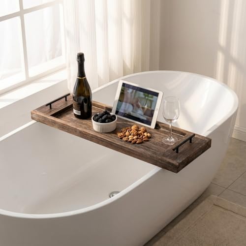 Hanobe Badewannenablage Serviertablett Holz Groß: Rustikal Badewannenbrett Rechteckig Extra Großes Holztablett Deko Badesofa Zubehör Tablett mit Henkel Badewannenregal für Badewanne 80cm