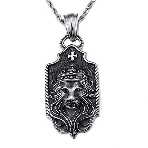 Mens Womens Vintage Crown King Lion of Judah Cross Dogtag Pendant, 24 in Chain Necklace, Steel, Silver Black