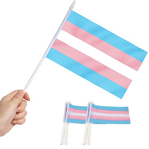 Transgender Stick Flag, Anley Transgender 5x8 Zoll HandHeld Mini Flagge mit 12' weißem, festem Mast - lebhafte Farbe und Ausbleichfestigkeit - 5 x 8 Zoll Handgehaltene Stick Flaggen mit Speerspitze