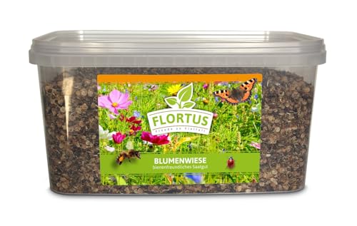 FLORTUS – Blumenwiese Saatgut für Bienen, Hummeln & Schmetterlinge – 10 Liter Eimer Wildblumenwiese Samen für 1.000-2.000 m² – bunte Wildblumensamen Mischung für eine insektenfreundliche Blumenwiese
