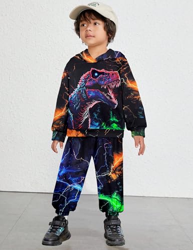 Boys Clothes, T-Rex Print Dinosaur Boy Clothes Fall Winter Outfits Long-sleeved Hooded Sweatshirt Pants 2Pcs Set3