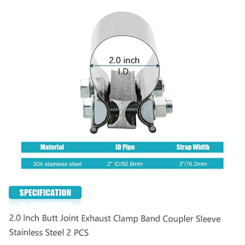 2" 2.0 Inch Exhaust Clamp Butt Joint Band Clamp Sleeve Coupler Stainless Steel 2.0 Inch for Exhaust Pipes, Mufflers and Catalytic Converters (2 PCS) by A ABIGAIL - Used condition - Image 3