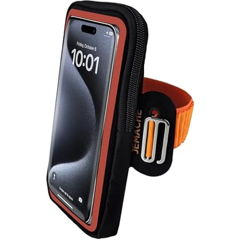 JEMACHE Cell Phone Running Armband for iPhone 16 Pro Max, 16 15 14 13 12 11 Pro, Samsung Galaxy S24 S23 S22 Ultra, Plus, G Buckle Workouts Arm Band Bag (S, Orange) Cover