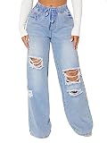 Picture of Floerns Women's Casual Drawstring Waist Jeans Distressed Ripped Denim Pants Blue Drawstring S