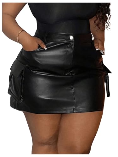 WDIRARA Women's Plus Size PU Leather Mini Skirt High Waisted Flap Pocket Cargo Skirt